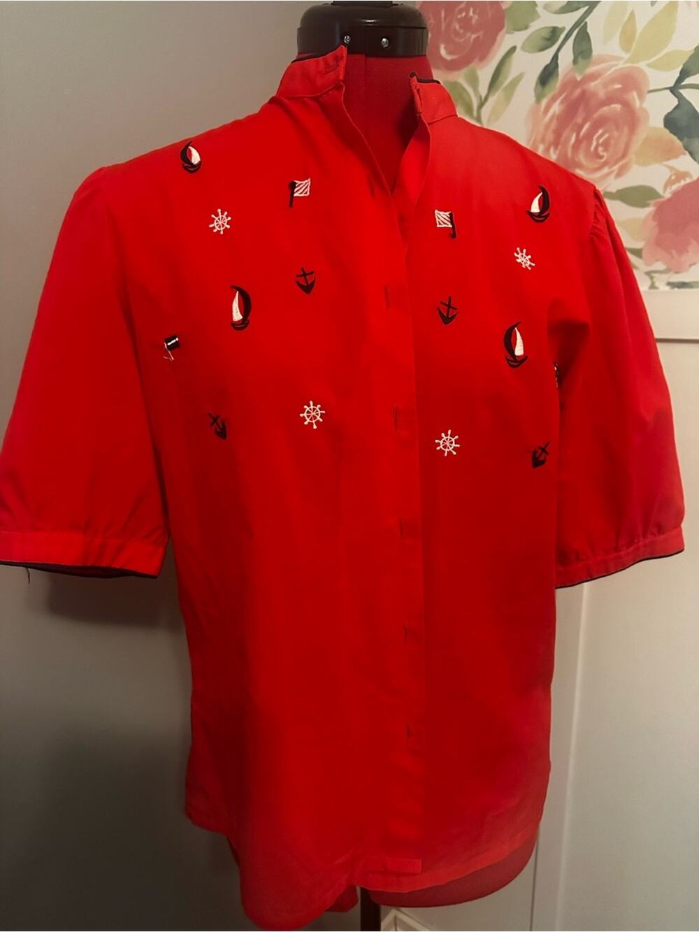 Vintage Red Joyce Nautical Embroidered Short Sleeve Blouse